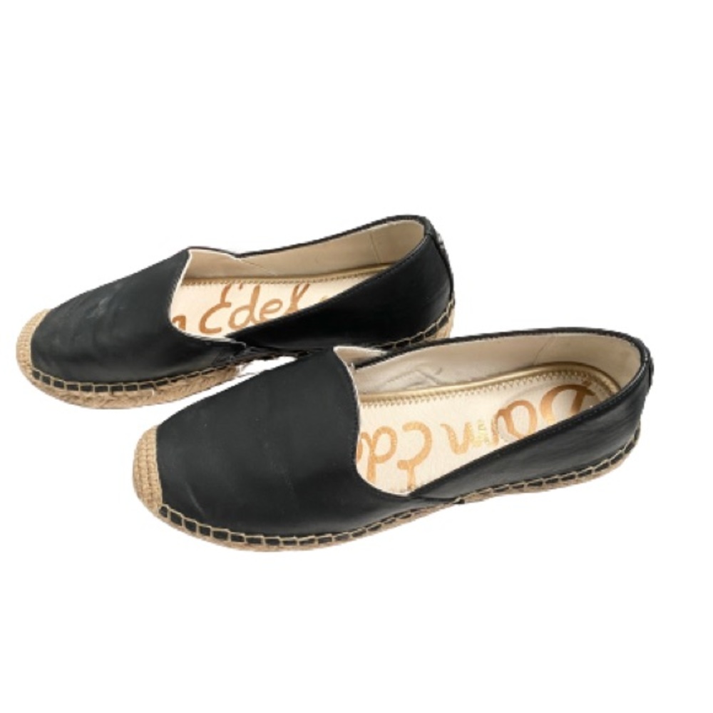 Sam Edelman Espadrilles Womens 8 Black Leather Jute Trim Slip On Flats Shoes